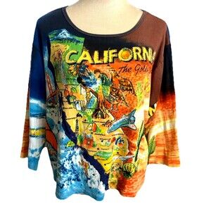 VTG Artscapes Womens XL Artsy California Map Beaded Embellished 3/4 Sleeve Top